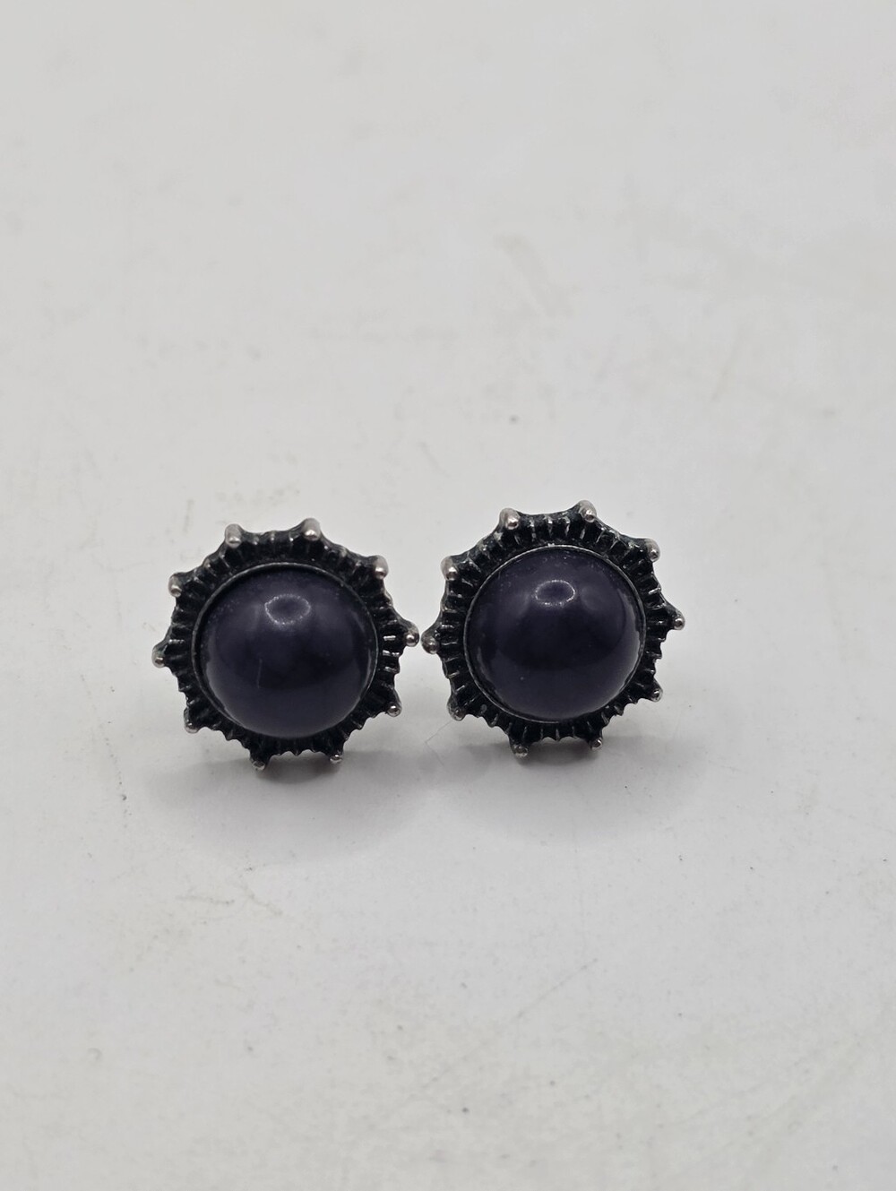 Vintage Dark Purple Stone Stud Earrings Sunburst Oxidized Silver Tone Post Backs